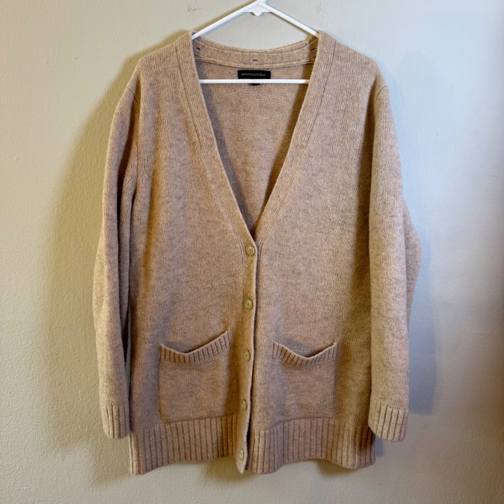Banana Republic Womens‎ Extra Fine Merino Wool Blend Cardigan Sweater Tan Large
